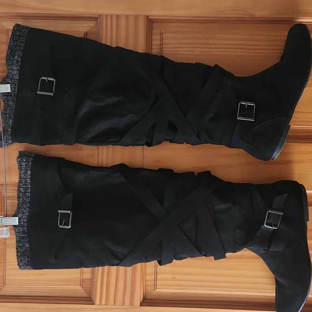 JustFab Jentry Black Over-the-Knee Boots with Buckle Detail - Picture 3 of 9